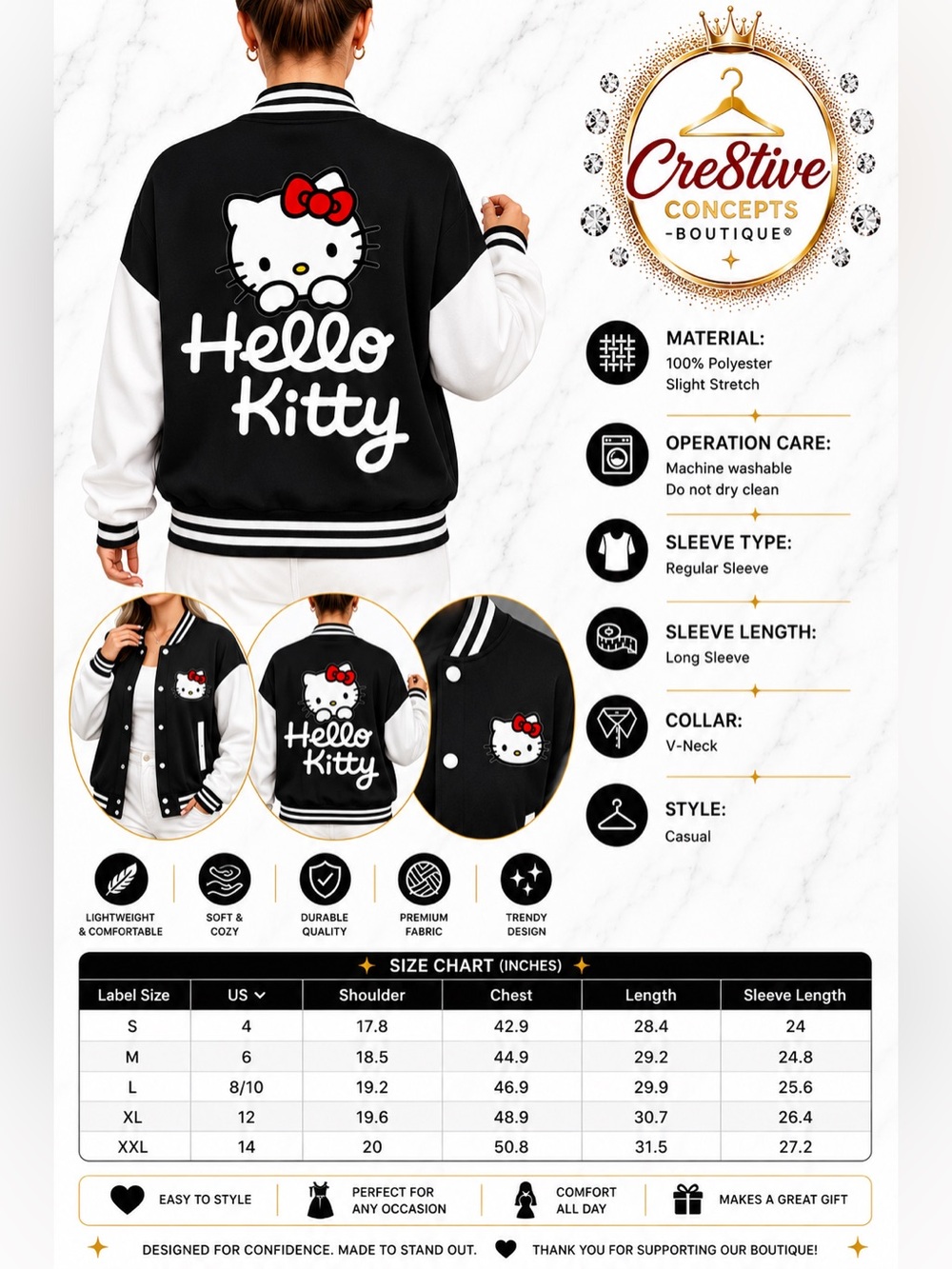 Hello Kitty Black & White Varsity Jacket – Sanrio Licensed Graphic Bomber Jacket